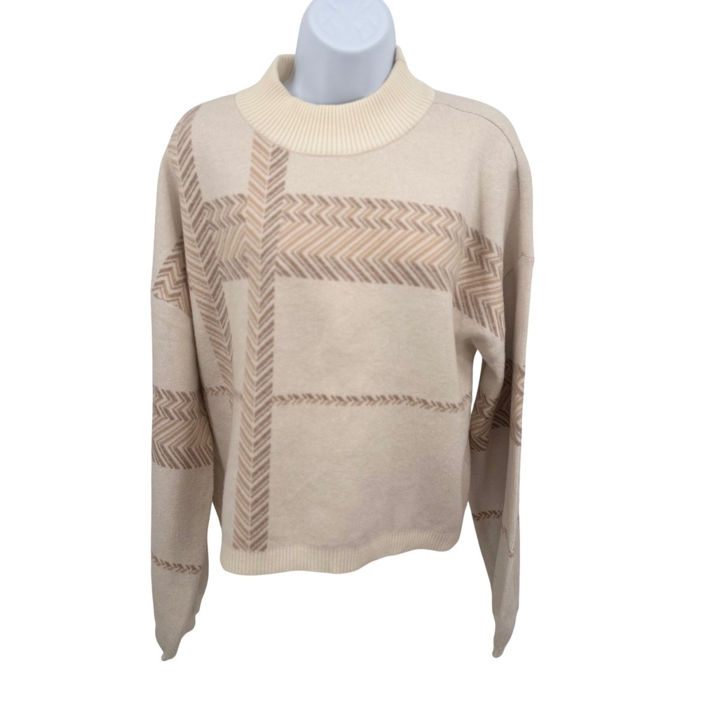 Laundry by Shelli Segal L Sweater Beige Chevron Grid Mock‎ Neck Butter Soft